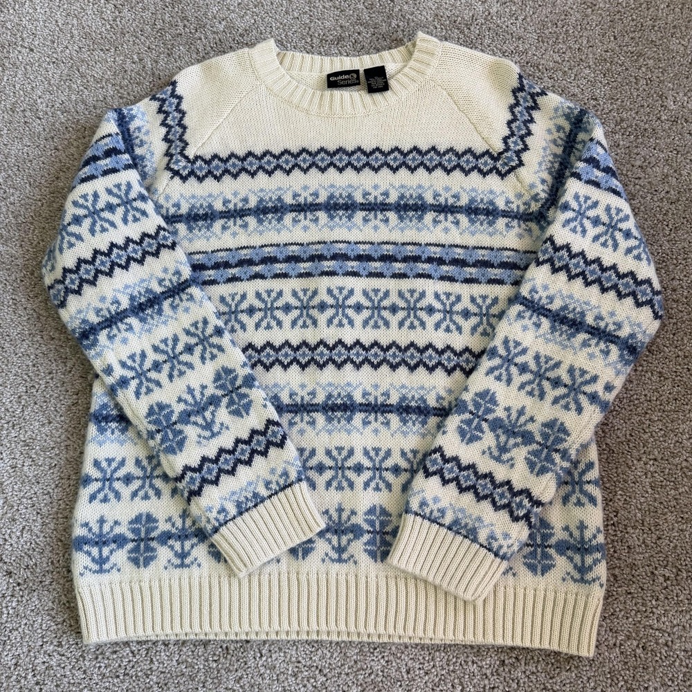 Guide Series Sweater Mens XL White Tight Knit Crewneck Pullover Fair Isle Wool